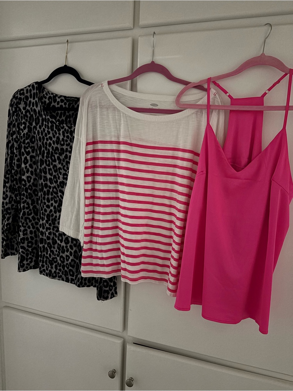 Trio of XL/L Tops. Leopard, Striped and Hot Pink Spaghetti Strap.